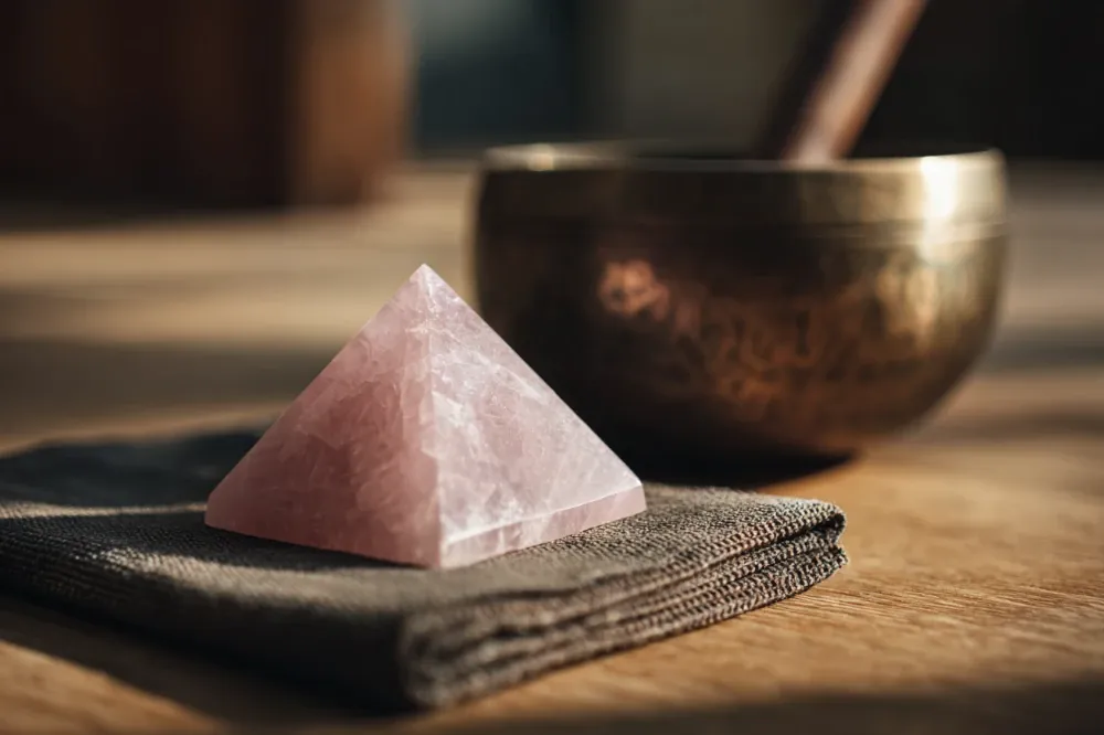 Rose quartz pyramid on meditation mat with singing bowl behind